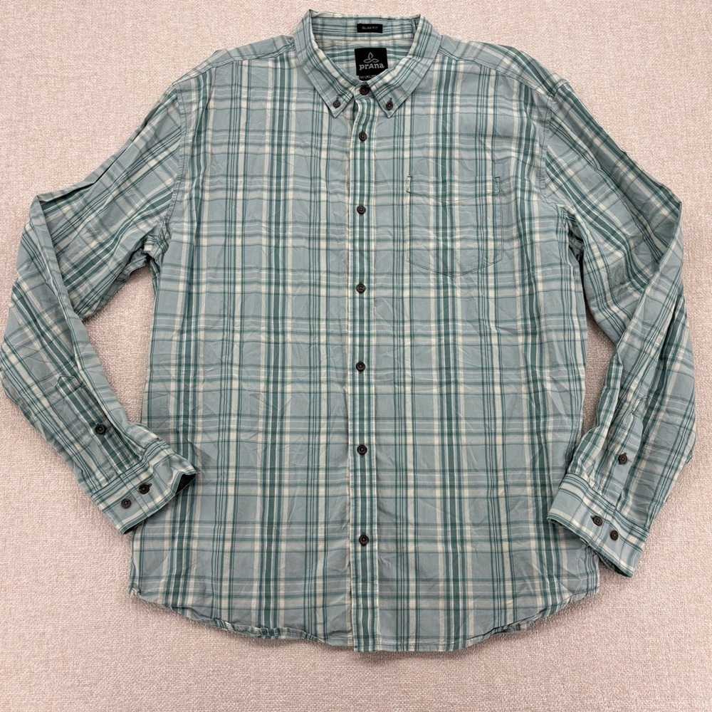 Prana Men's 100%  organic cotton Blue Plaid Button Down Shirt XXL slim fit